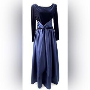 Vintage 80s En Francais Huey Waltzer Blue Velvet Satin Long Formal Gown Dress 12